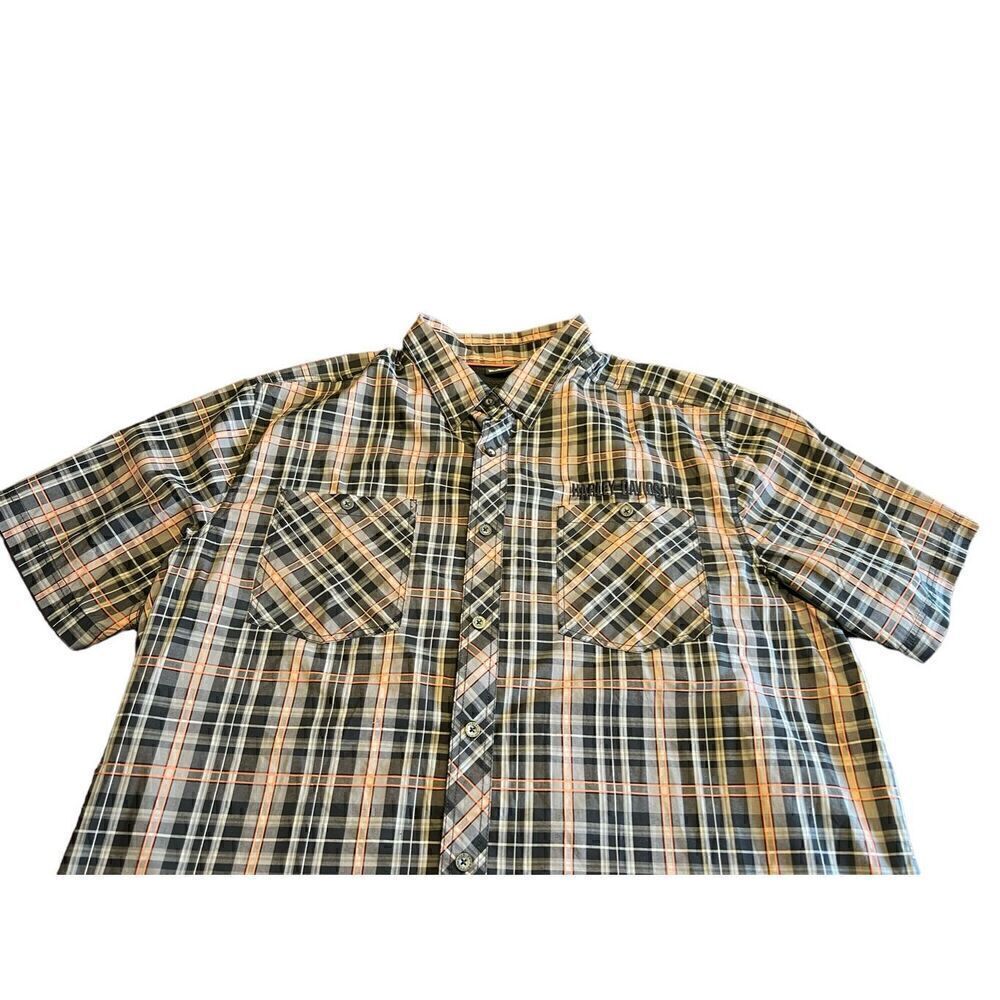 Harley Davidson 3XL short sleeve orange plaid button up polo shirt motorcycle - Picture 3 of 7